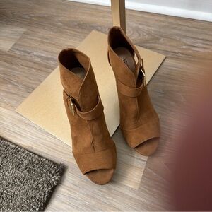 Brash Tan Peep-Toe Heeled Boots